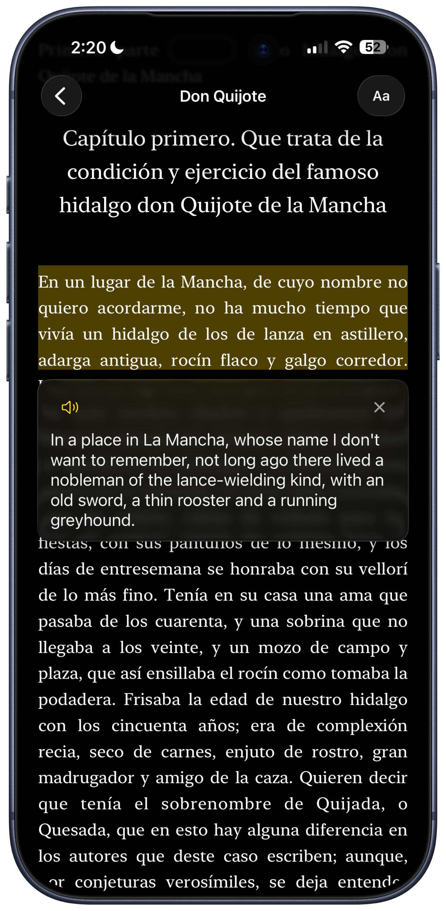 Lantern showing a contextual translation while reading