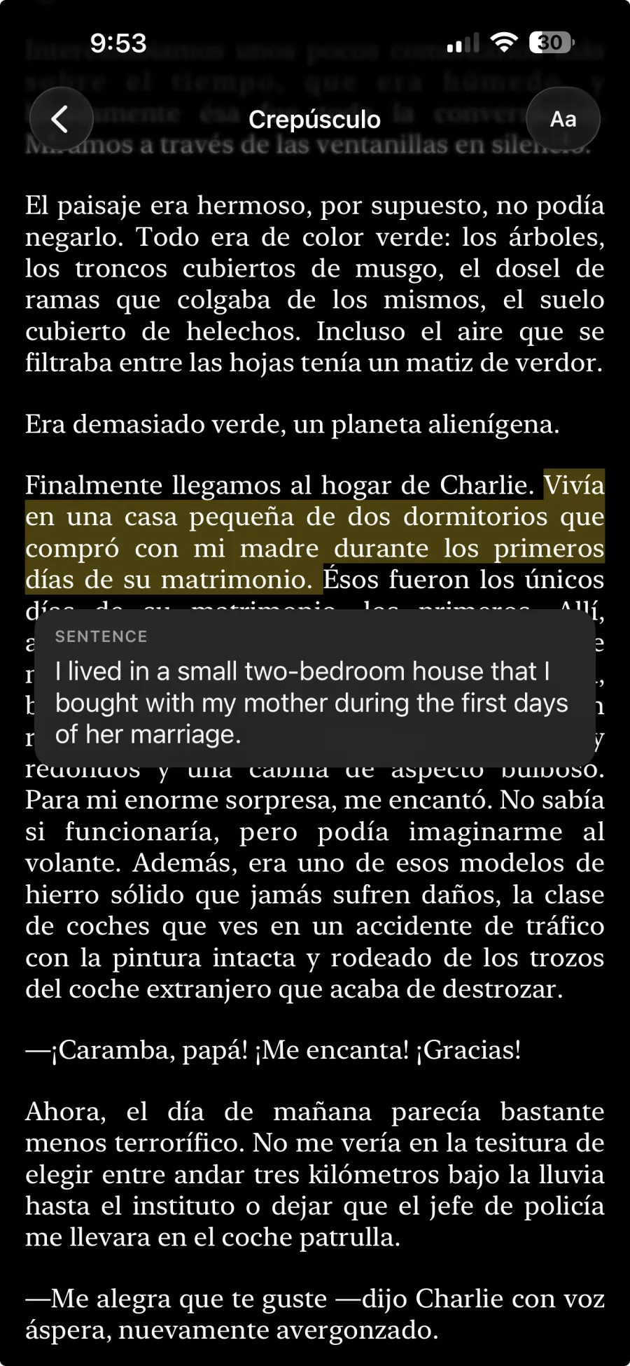 Lantern showing a word lookup while reading.